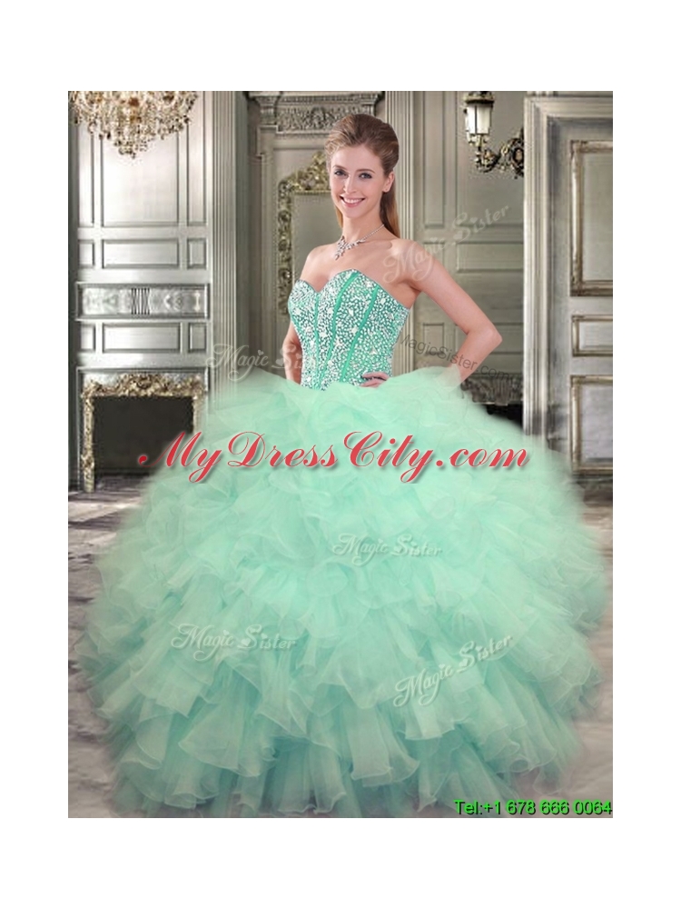 Perfect Visible Boning Watermelon Quinceanera Gown with Beaded Bodice and Ruffles