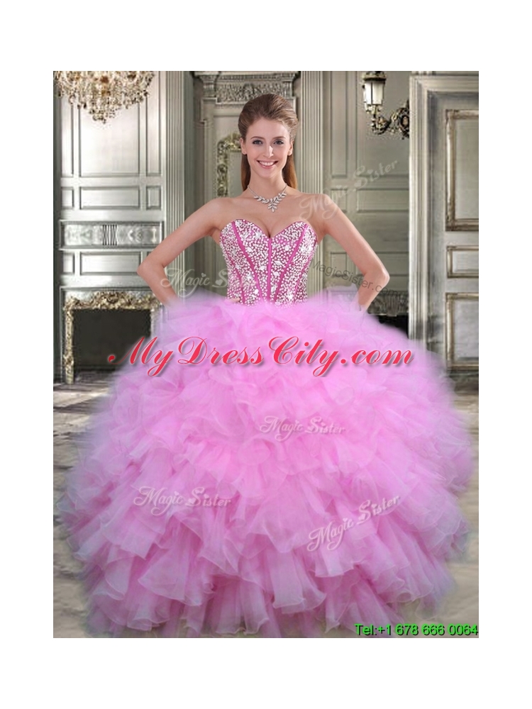 Perfect Visible Boning Watermelon Quinceanera Gown with Beaded Bodice and Ruffles