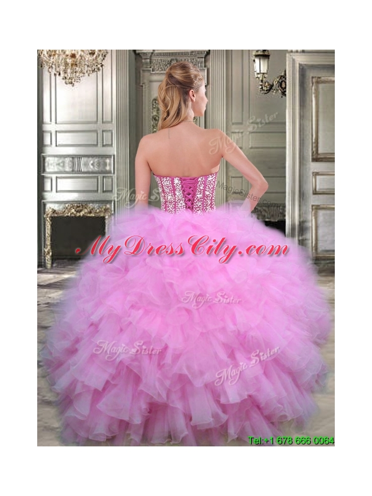 Perfect Visible Boning Watermelon Quinceanera Gown with Beaded Bodice and Ruffles