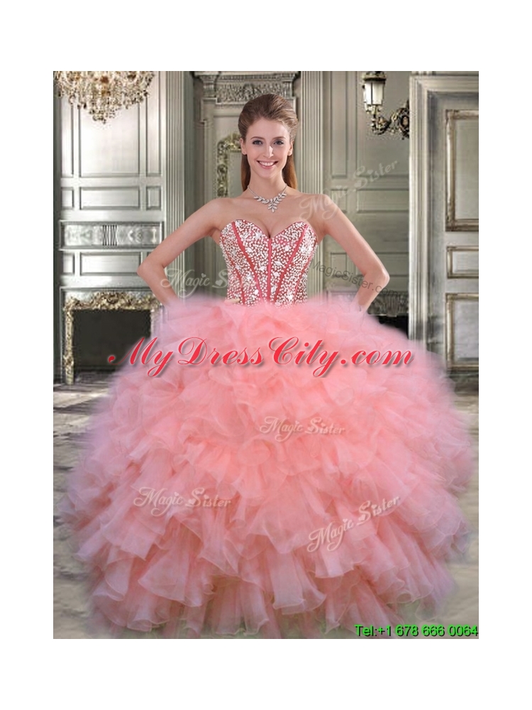 Perfect Visible Boning Watermelon Quinceanera Gown with Beaded Bodice and Ruffles