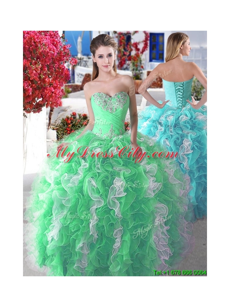 Pretty Ball Gown Organza Sweet 16 Dress with Beading and Ruffles