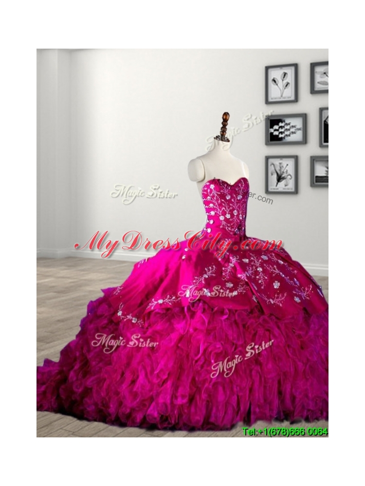 Classical Rhinestoned and Ruffled Fuchsia Quinceanera Dress with Brush Train