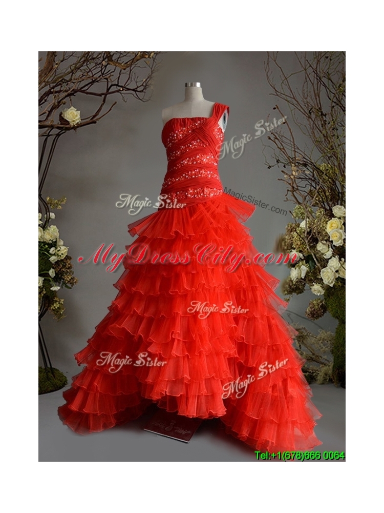 Fashionable One Shoulder A Line Red Quinceanera Dress with Beading and Ruffled Layers