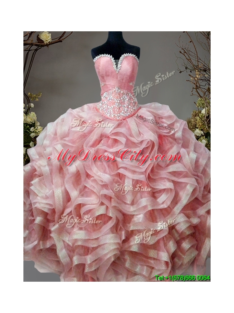 Low Price Beaded and Ruffled Sweet 16 Dress in Pink