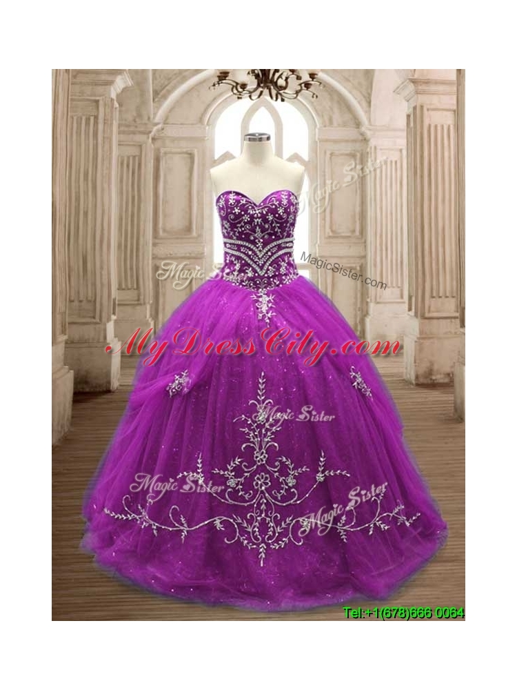 Romantic Applique Eggplant Purple Tulle Quinceanera Dress with Brush Train