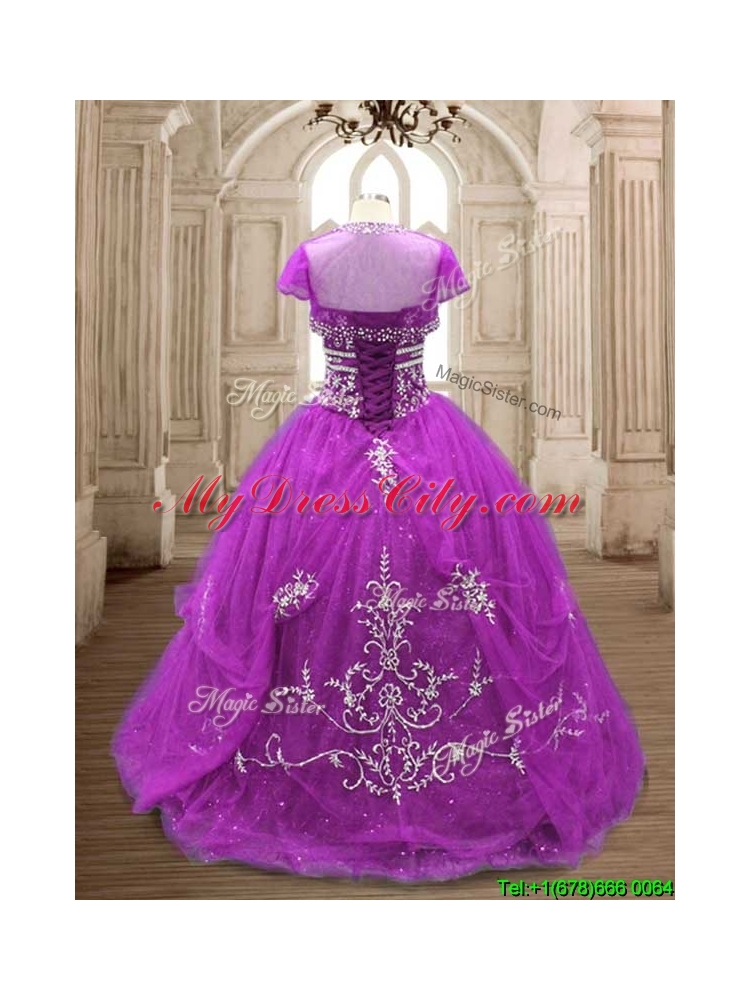 Romantic Applique Eggplant Purple Tulle Quinceanera Dress with Brush Train