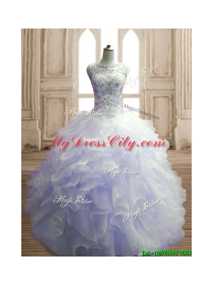 See Through Scoop Lavender Sweet 16 Dress with Beading and Ruffles