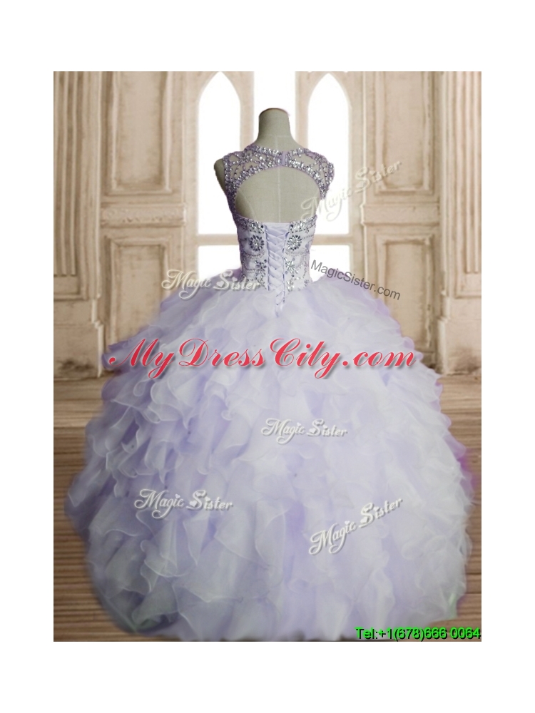 See Through Scoop Lavender Sweet 16 Dress with Beading and Ruffles