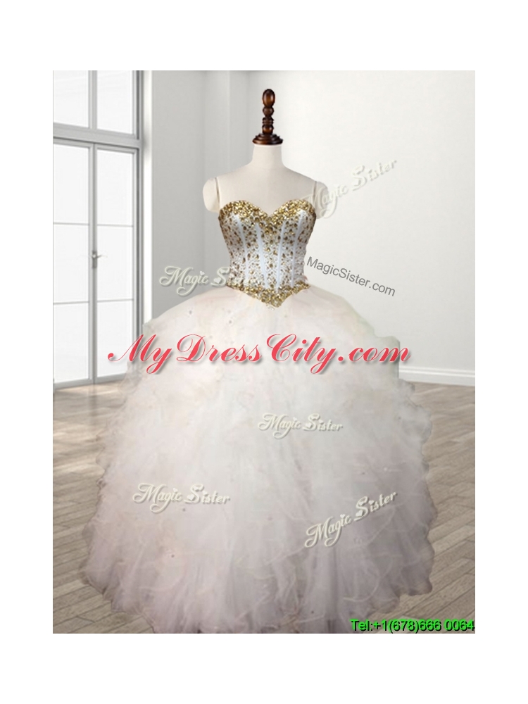 Visible Boning Beaded Bodice and Ruffled Quinceanera Dress in White