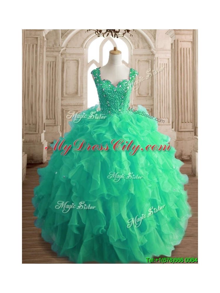 Affordable Beaded and Ruffled Straps Quinceanera Dress in Spring Green