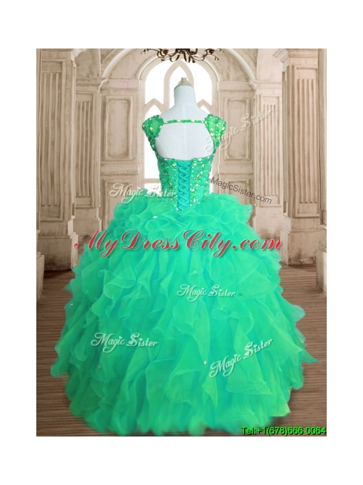 Affordable Beaded and Ruffled Straps Quinceanera Dress in Spring Green