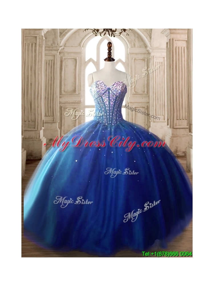 Discount Royal Blue Tulle Sweet 16 Dress with Beading