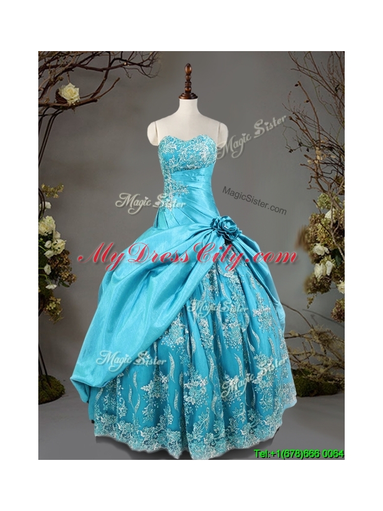 Luxurious Hand Made Flowers and Laced Quinceanera Dress in Baby Blue