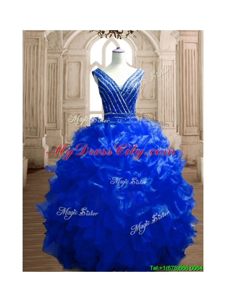 Modest Beaded and Ruffled Deep V Neckline Quinceanera Dress in Royal Blue