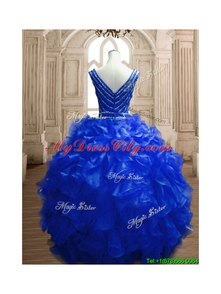 Modest Beaded and Ruffled Deep V Neckline Quinceanera Dress in Royal Blue