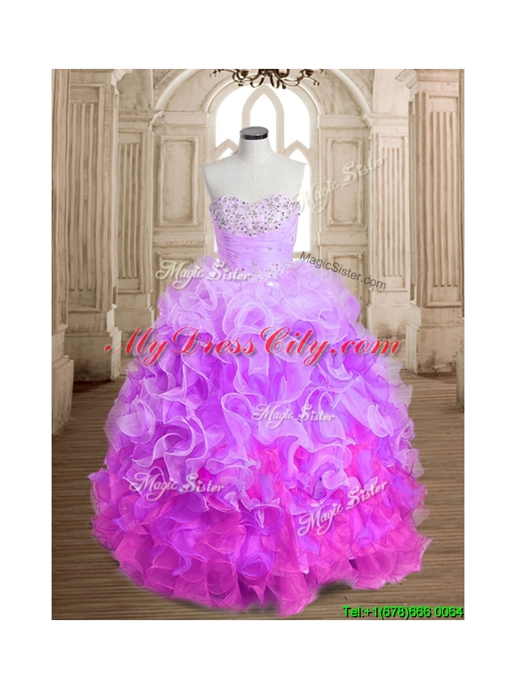 Most Popular Beaded and Ruffled Colorful Quinceanera Dress in Organza