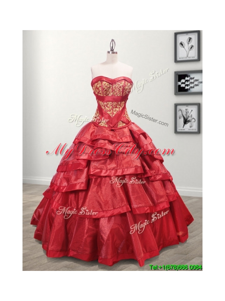 Most Popular Taffeta Red Quinceanera Dress with Appliques and Ruffled Layers