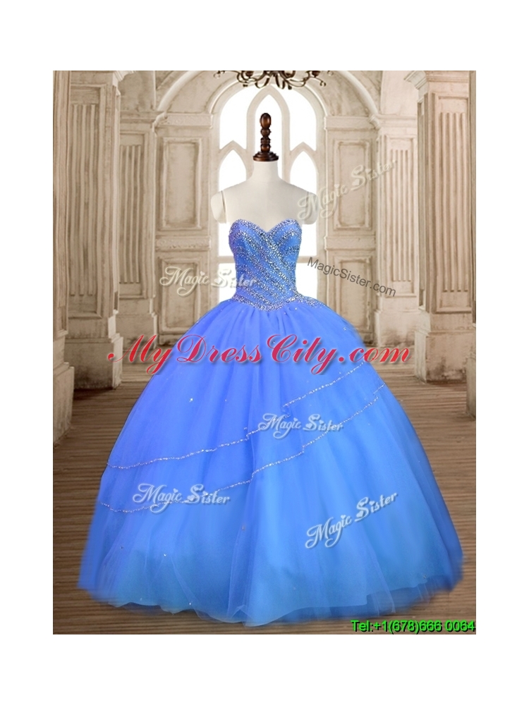 Most Popular Tulle Big Puffy Beaded Sweet 16 Dress in Blue