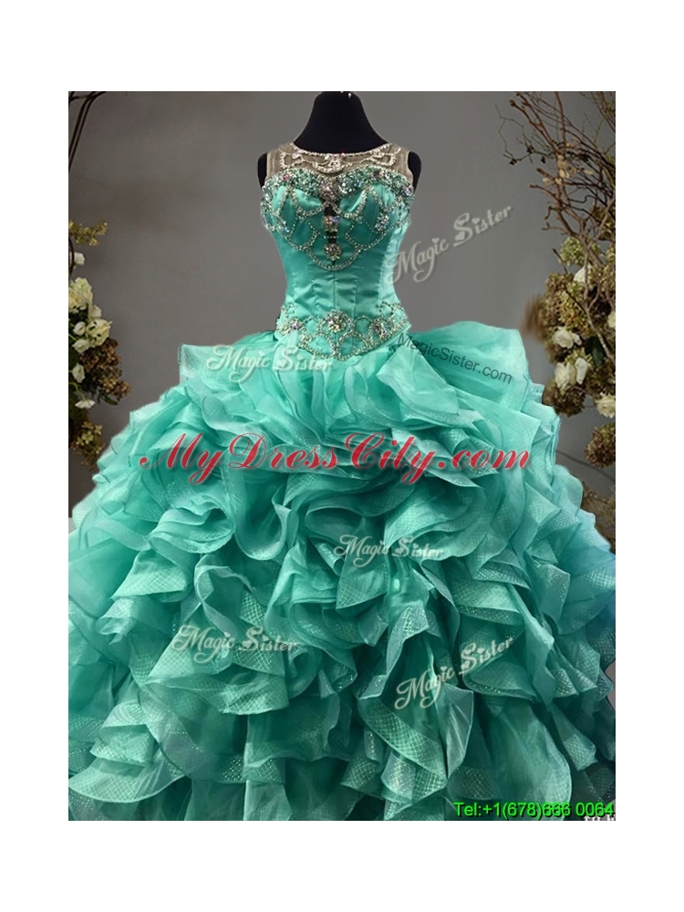 See Through Scoop Turquoise Sweet 16 Dress with Beading and Ruffles