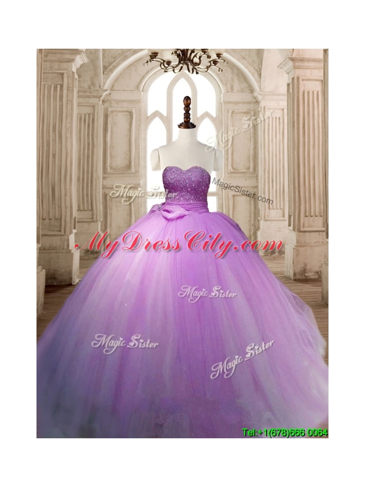 Beautiful Lilac Tulle Quinceanera Dress with Beading and Bowknot