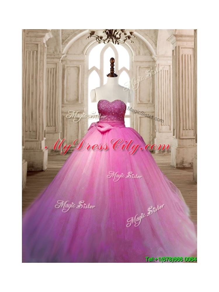 Beautiful Lilac Tulle Quinceanera Dress with Beading and Bowknot