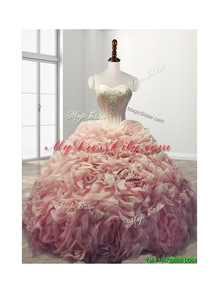 Beautiful Rolling Flowers Baby Pink Sweet 16 Dress with Beading