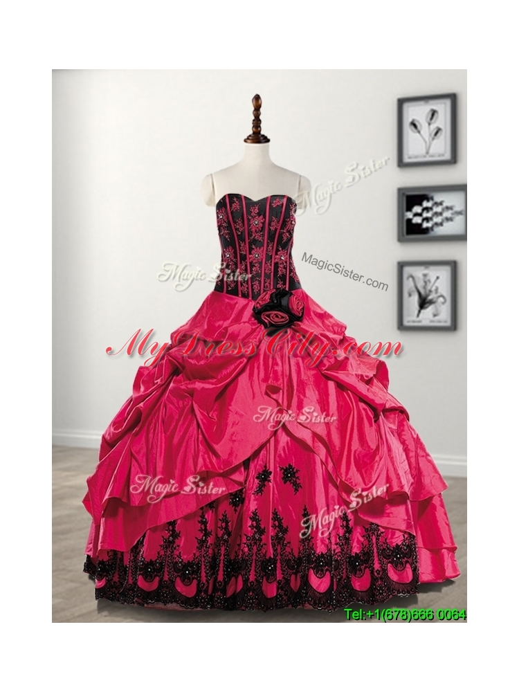 Elegant Hand Made Flowers and Pick Ups Taffeta Sweet 16 Dress in Coral Red