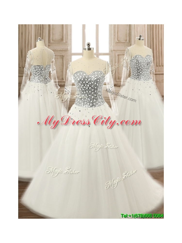 See Through Scoop Long Sleeves White Quinceanera Dress with Beading