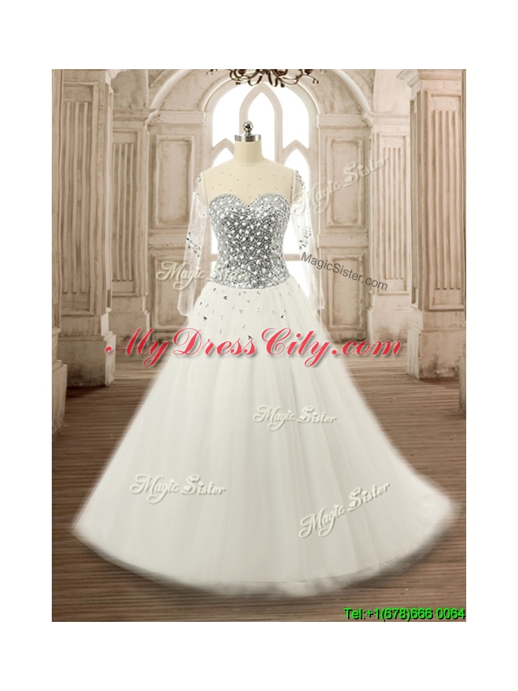 See Through Scoop Long Sleeves White Quinceanera Dress with Beading