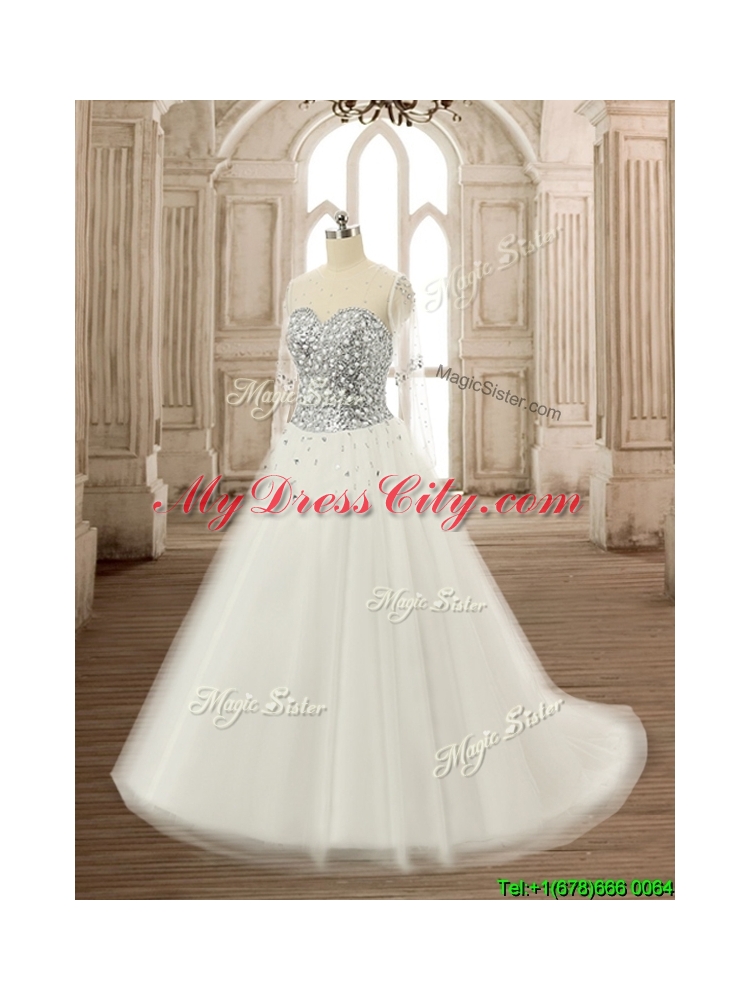 See Through Scoop Long Sleeves White Quinceanera Dress with Beading