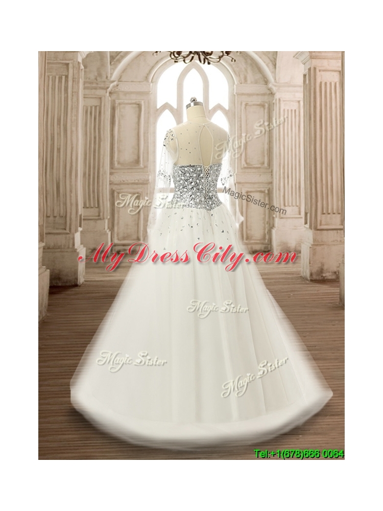 See Through Scoop Long Sleeves White Quinceanera Dress with Beading