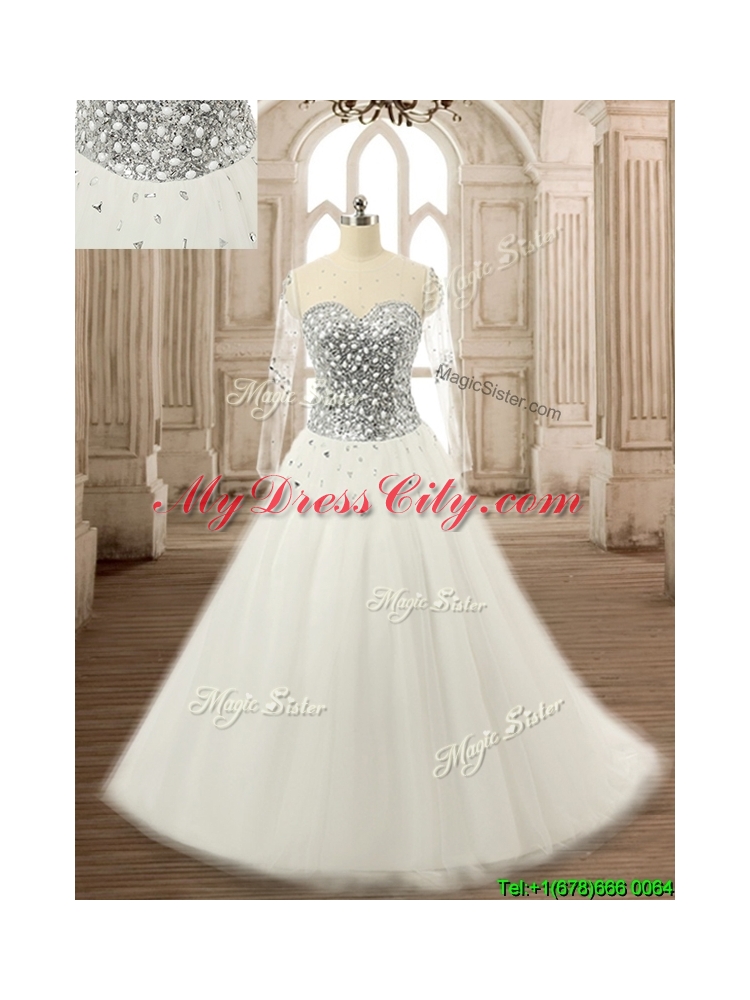 See Through Scoop Long Sleeves White Quinceanera Dress with Beading