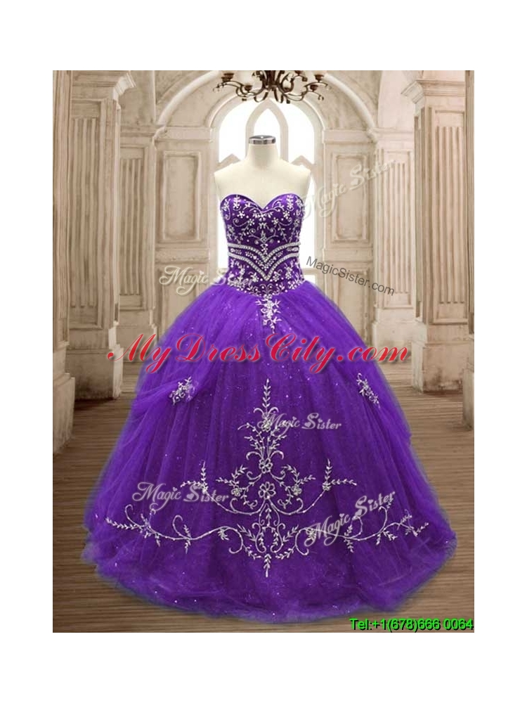 Hot Sale Brush Train Purple Quinceanera Dress with Appliques