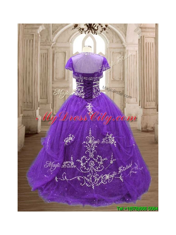 Hot Sale Brush Train Purple Quinceanera Dress with Appliques