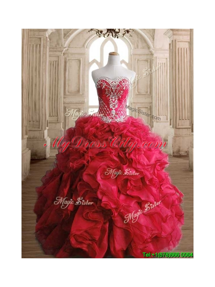 Luxurious Red Big Puffy Sweet 16 Dress with Beading and Ruffles