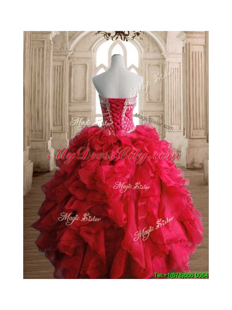 Luxurious Red Big Puffy Sweet 16 Dress with Beading and Ruffles