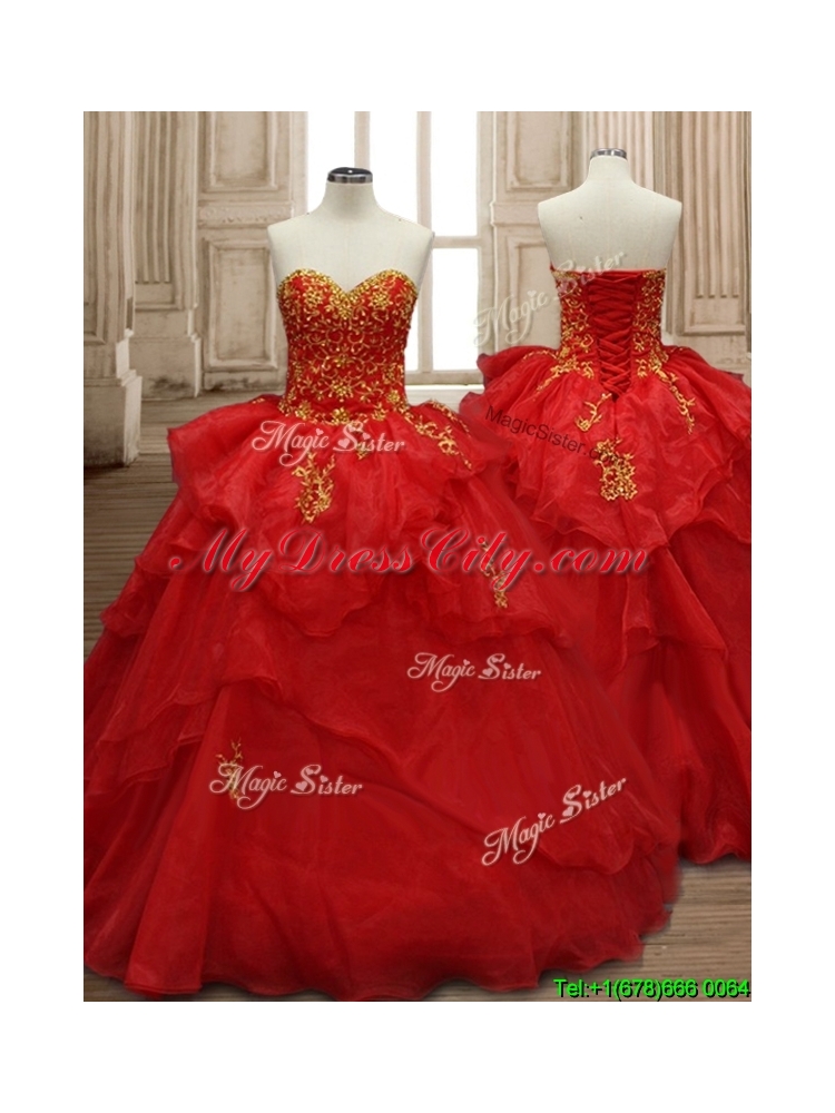 Classical Applique and Ruffled Layers Organza Quinceanera Dress in Red