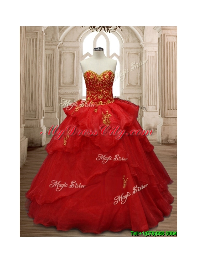 Classical Applique and Ruffled Layers Organza Quinceanera Dress in Red