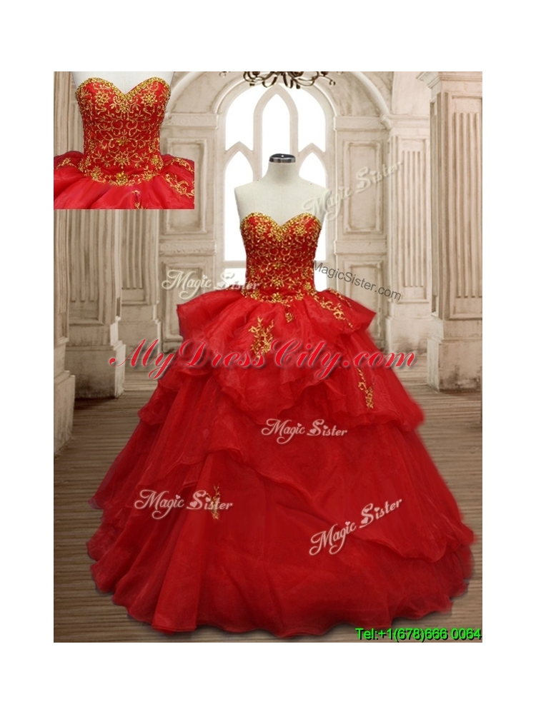 Classical Applique and Ruffled Layers Organza Quinceanera Dress in Red