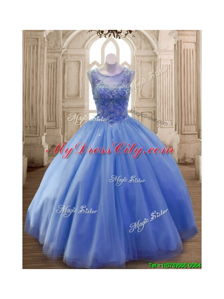 Classical Scoop Beaded Tulle Sweet 16 Dress in Blue