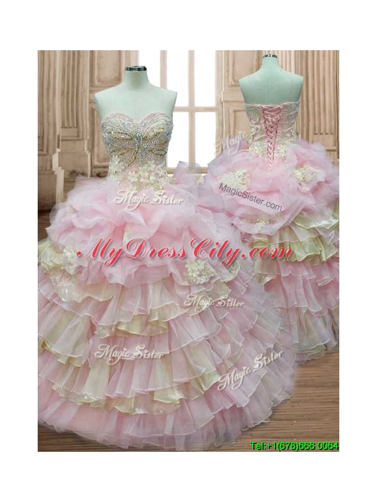 Discount Applique and Ruffled Layers Quinceanera Dress in Baby Pink and Yellow