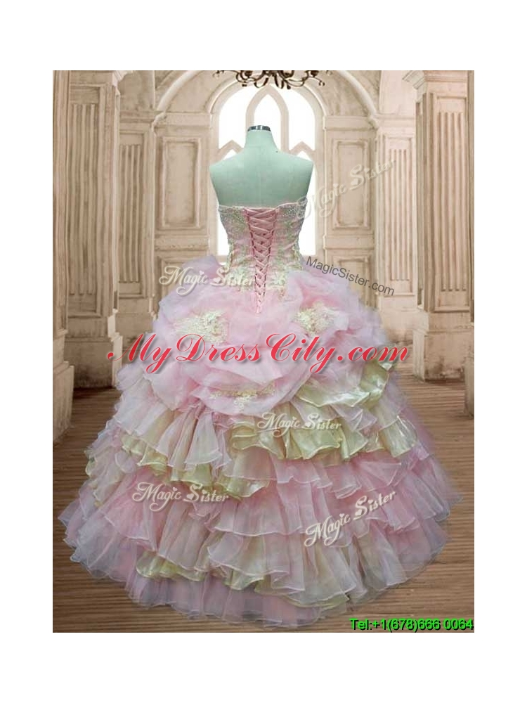 Discount Applique and Ruffled Layers Quinceanera Dress in Baby Pink and Yellow