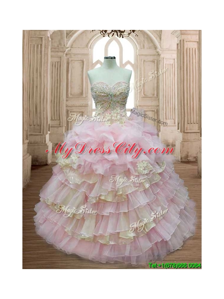 Discount Applique and Ruffled Layers Quinceanera Dress in Baby Pink and Yellow