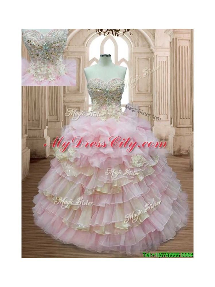 Discount Applique and Ruffled Layers Quinceanera Dress in Baby Pink and Yellow