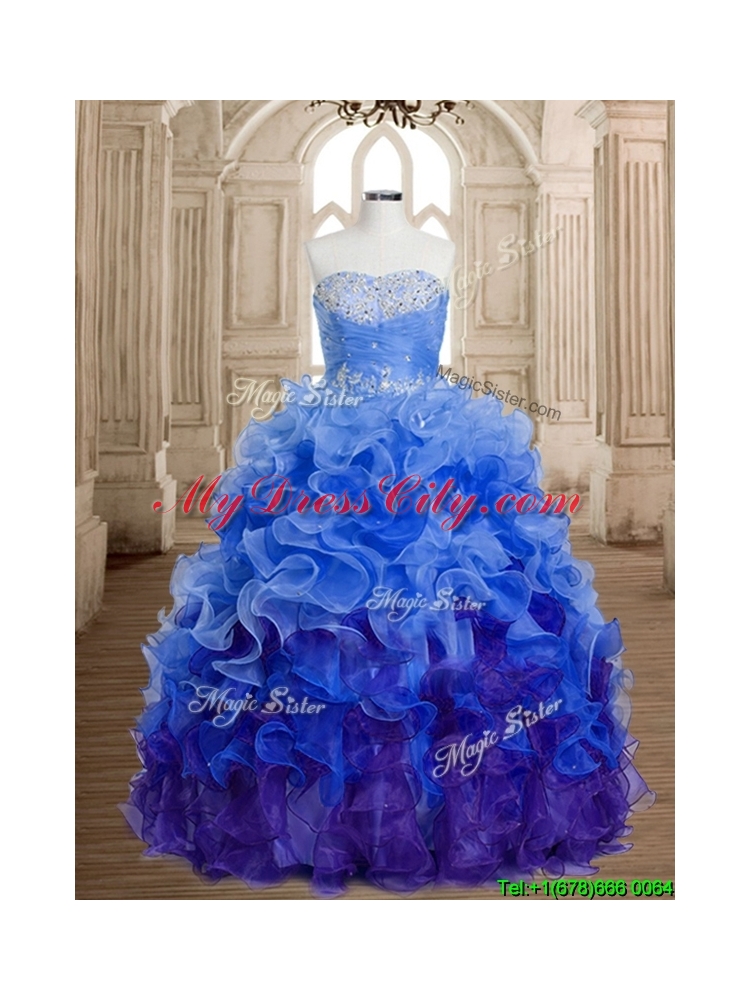 Discount Beaded and Ruffled Organza Sweet 16 Dress in Rainbow