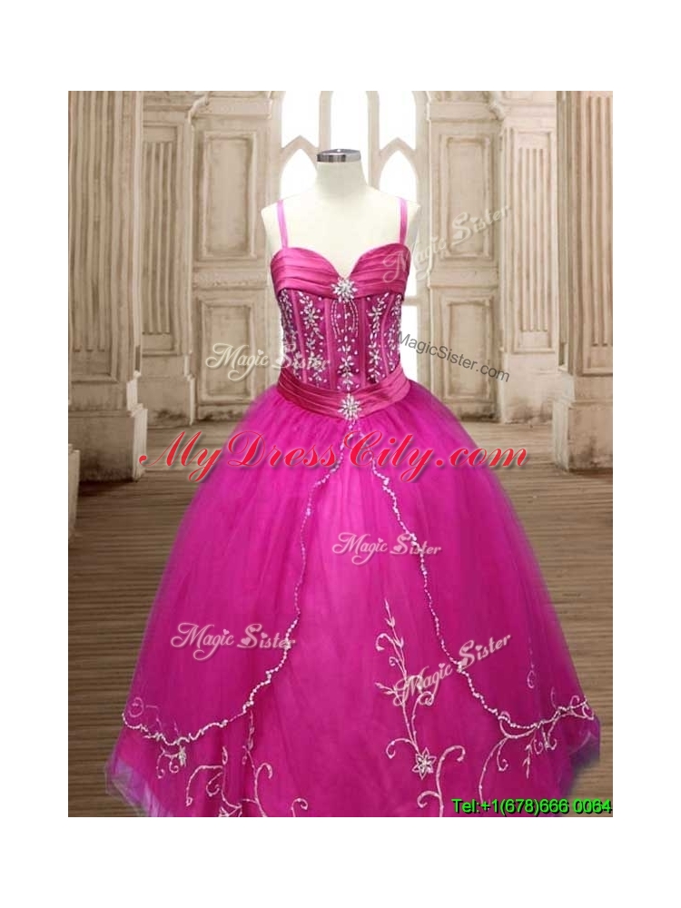 Exquisite Spaghetti Straps Beaded and Applique Quinceanera Dress in Hot Pink