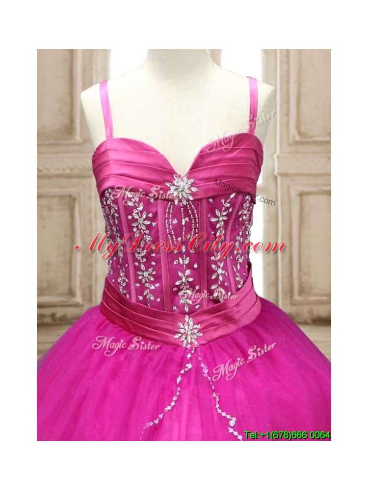 Exquisite Spaghetti Straps Beaded and Applique Quinceanera Dress in Hot Pink