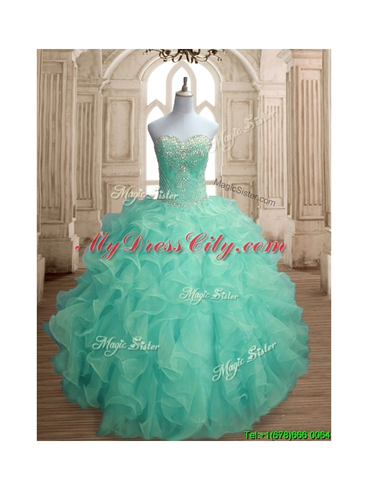 Inexpensive Beaded and Ruffled Big Puffy Quinceanera Dress in Apple Green