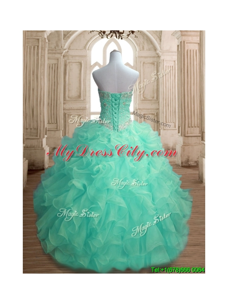 Inexpensive Beaded and Ruffled Big Puffy Quinceanera Dress in Apple Green