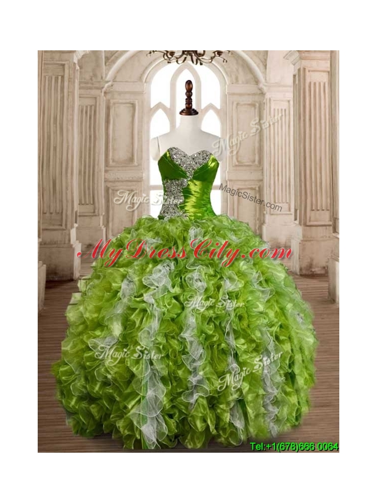 Lovely Olive Green and White Quinceanera Dress with Beading and Ruffles